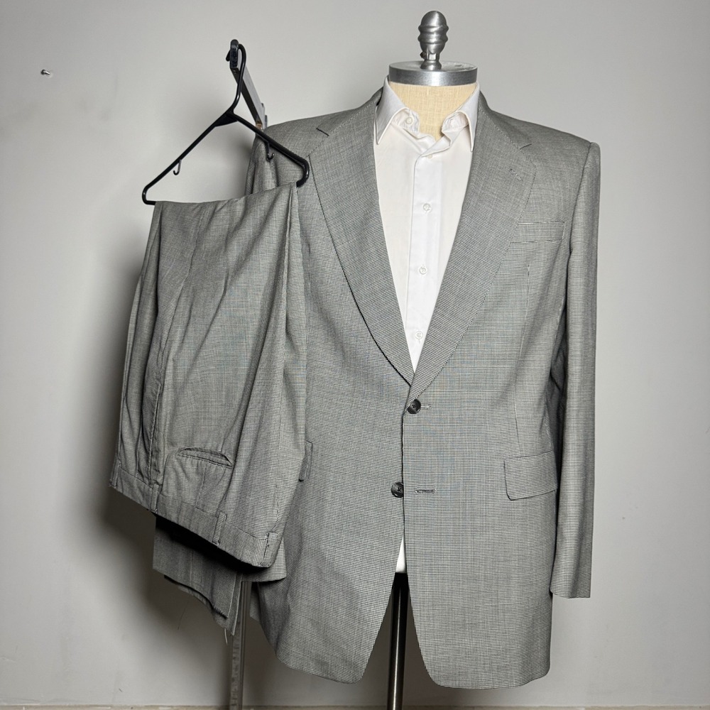 Vtg Hart Schaffner Marx Mens 44XL 34W Gray Plaid Wool Blend Suit‎ Set